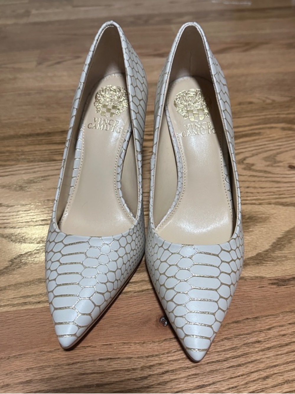 Vince Camuto Light Ivory Snake-Embossed Pointed Toe Pumps
